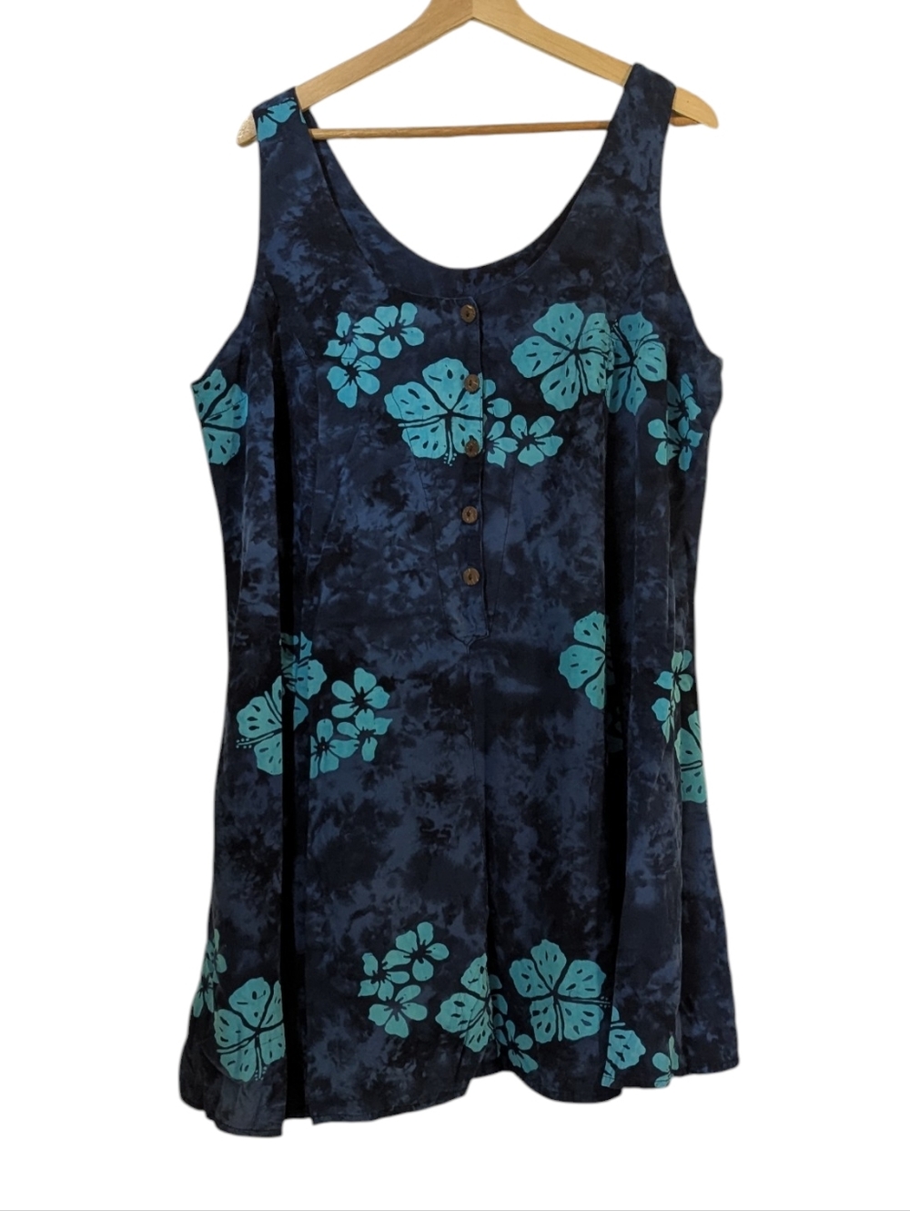 Navy Blue Floral Mini Dress with Teal Hibiscus Print, XXL